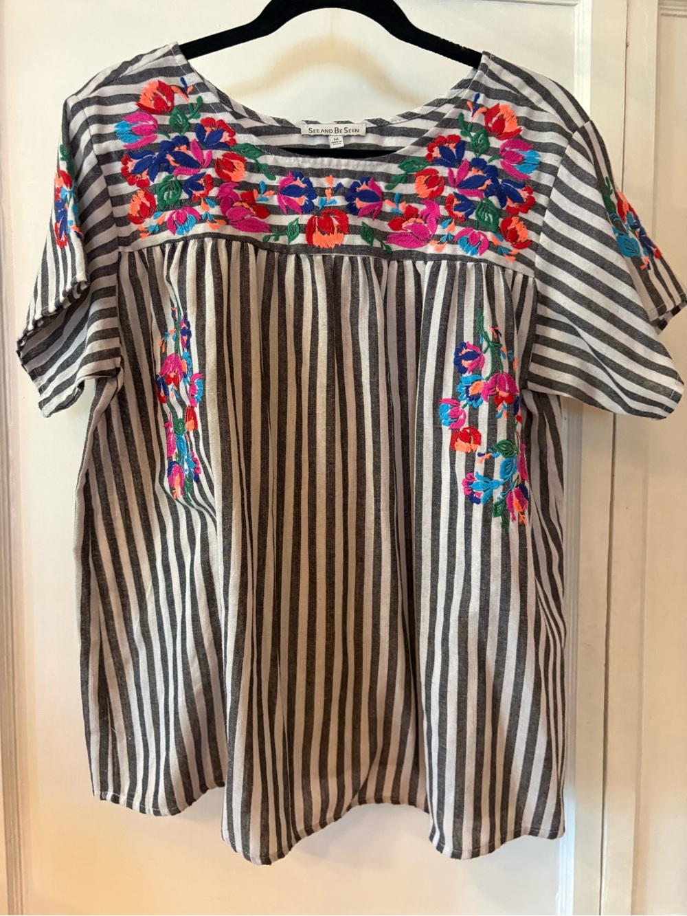 See & Be Seen Boutique Striped Embroidered Women’s Top with Bright Floral Accent